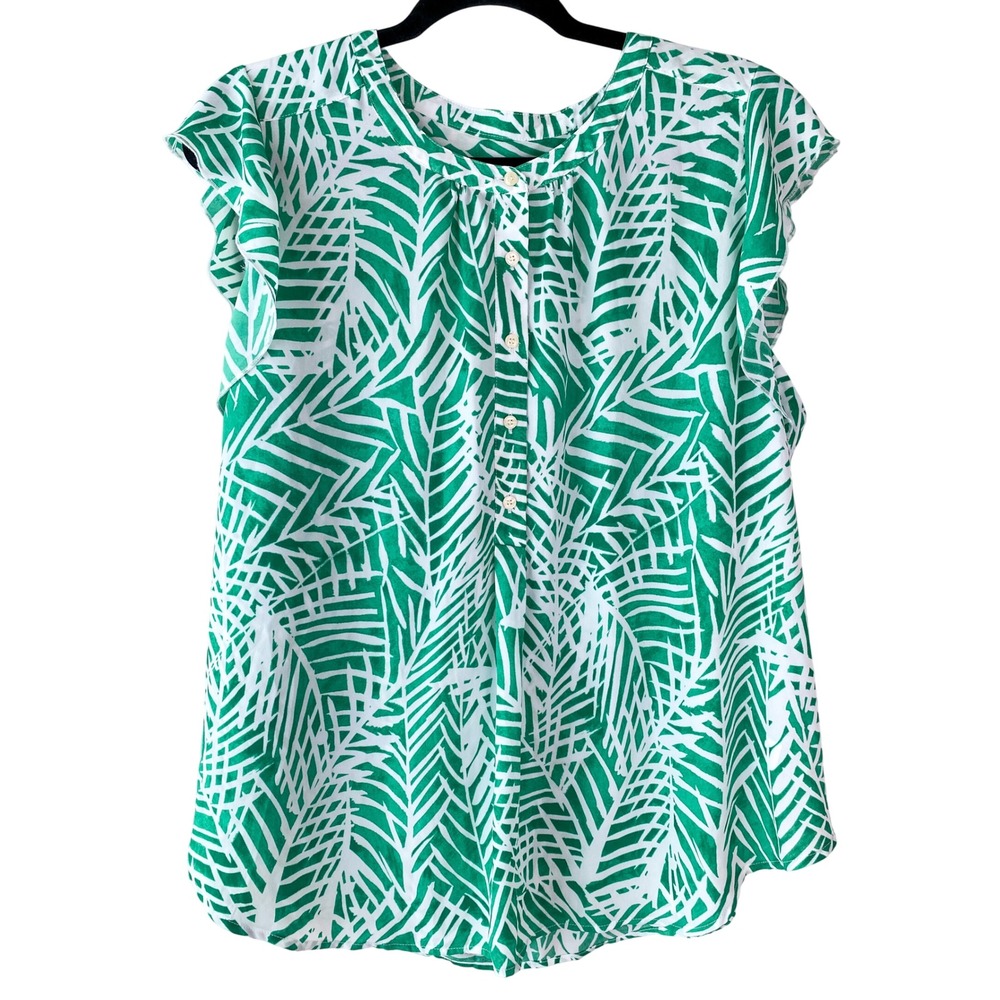 Talbots Womens Blouse 18WP Green Palm Leaf Sleeveless Ruffle Tropical Coastal
